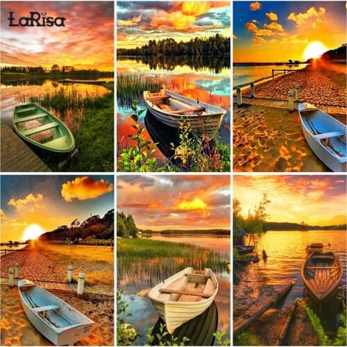 Raft Boat Diamond Painting Sunset Full Square Round Drill Diamond Embroidery Scenery 5D DIY Cross Stitch Mosaic Handcrafts Gifts