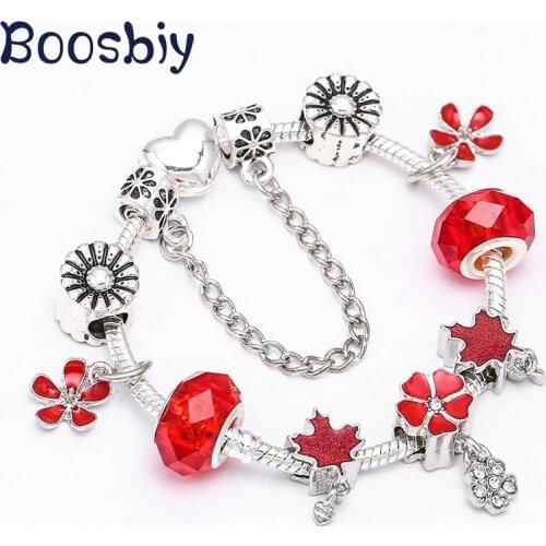 Boosbiy Hot Sale Red Flower Beads Charm Bracelets Silver Plated Snake Chain Bracelet For Women Romantic Jewelry Gift