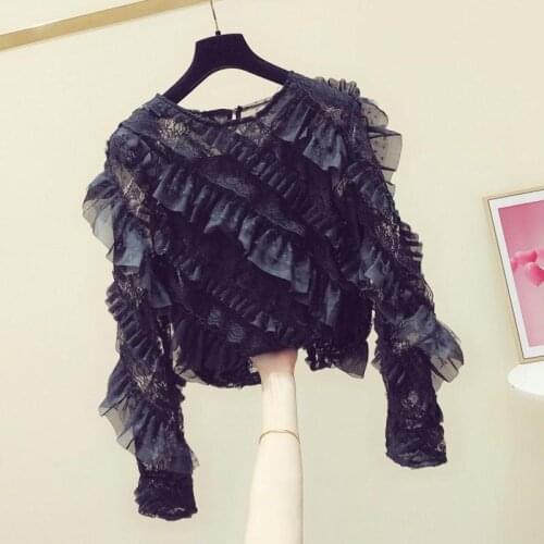 Lace Ruffled Patchwork Blouse Womens Retro Round Neck Long-sleeved Shirt Casual Black White Blouse Autumn 2021