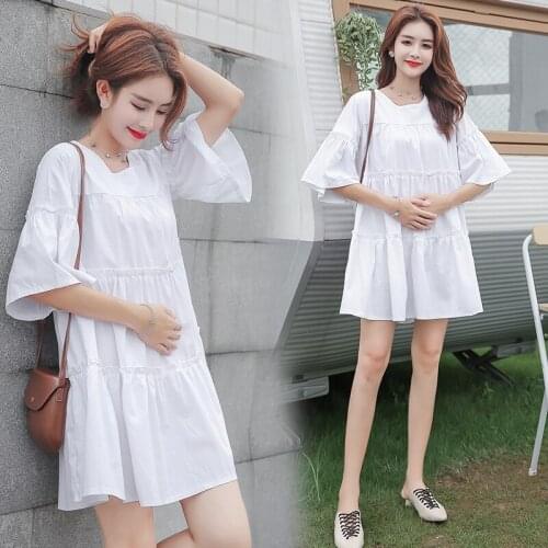 Pregnant Women 2020 Summer Wear Dress Cotton Blend Maternity Clothes Fashion Models Short Bell Sleeve Dress A- line Version