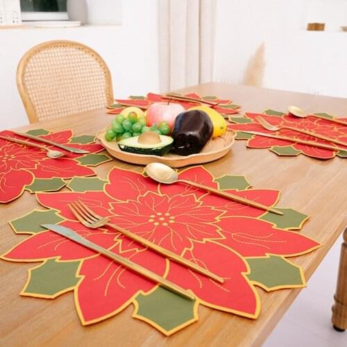 Hot Christmas Placemat Set Of 4 With Red Flower Printed Non-Slip Place Mats Washable Place Mats For Christmas Decoration