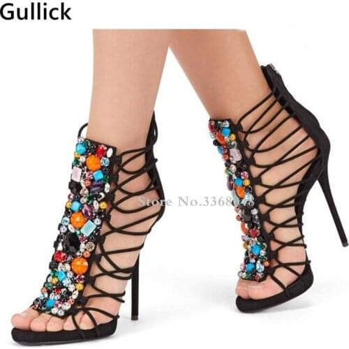 Hot Selling Handmade Suede Sandals With Colorful Stones High Heel Cut-out Strappy Women Dress Shoes Thin Heels Lady Boot Sandal