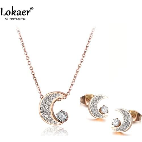 Lokaer Fashion Cubic Zirconia Moon Choker Necklaces Earrings Sets For Women Rhinestone Stainless Steel Female Jewelry SE013