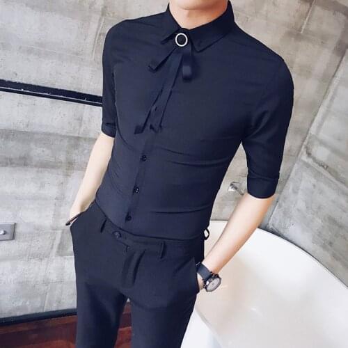 Men Bowtie Shirt Slim Fit Short Sleeve 2020 Slim Fit Wedding Party Dress Shirt Men Black White Solid Summer Shirt Chemise Homme