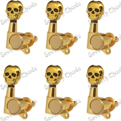 A Set 6R Gold Inline Guitar String Tuning Pegs Tuners Machine Heads for Electric Guitar - Skull Head Button