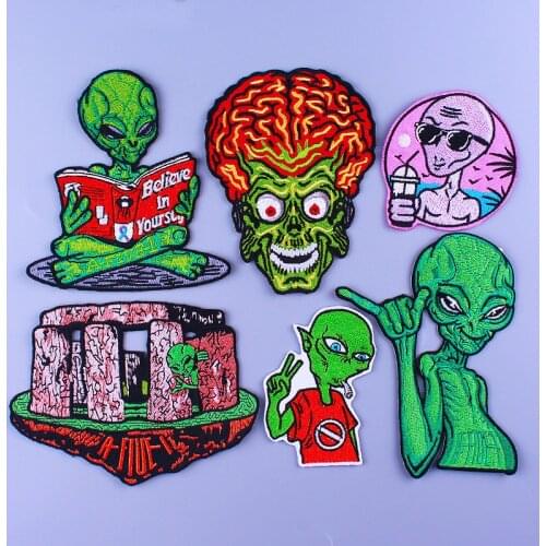 Alien UFO Patch Stripe Punk Embroidered Patches On Clothes Iron on Patches for Clothing Hippie Rock Band Badges For Backpack DIY