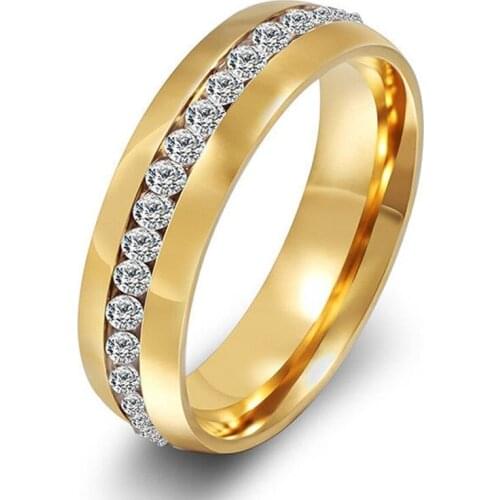 Handmade Gold Color Stainless Steel Womens Man Wedding Band Promise Ring/Anillo With Crystal Ring