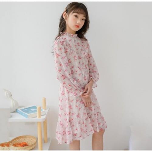 Autumn 2020 New Kids Girl Chiffon Dress Fashion Children Clothing Teenage Girls Long Sleeve Floral Dresses Cute Princess Dresses