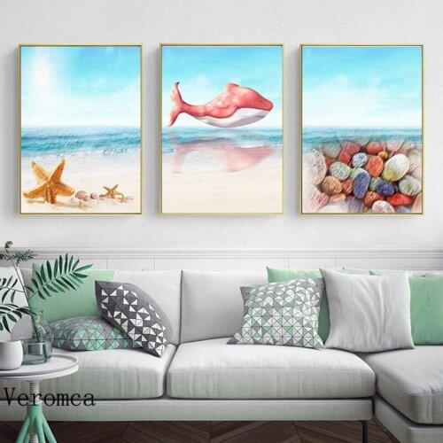 Beach Seashells Wall Art Summer Vacation Whale Starfish Sandbeach Theme Modern Sea Bathroom Picture Decor Canvas Painting Poster