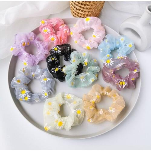 Women Daisy Print Hair Ring Rope Net Yarn Rubber Bands Elastic Hair Circle Ponytail Holder Transparent Hair Bands Accessories