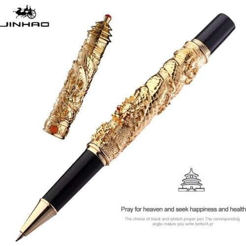 JINHAO Vintage Luxurious Rollerball Pen Golden Tower Cap Small Double Dragon Playing Pearl, Metal Carving Embossing Heavy Pen