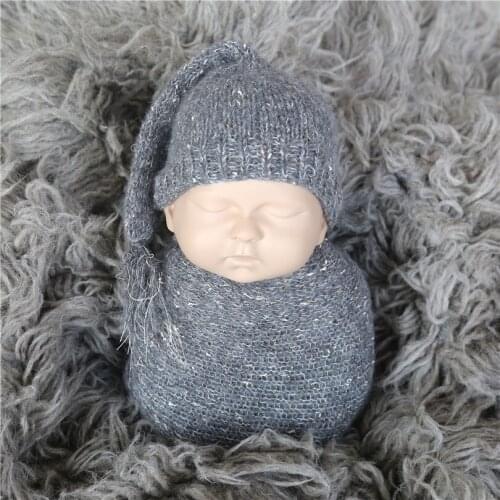 Grey Newborn Boy Sleepy Hat Knitted Baby Bonnet Set Crochet Newborn Cap Baby Jersey Knit Wrap Posing Fabric Layer Newborn Props