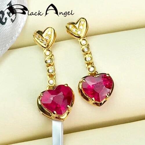 BLACK ANGEL Love Heart Shaped Luxury Red Tourmaline Ruby Gemstone Long Drop Earrings For Women Fashion Jewelry Christmas Gift