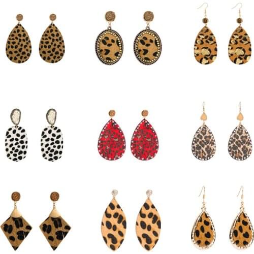 Bohemian PU Leather Leopard Crystal Pendant Earrings Handmade Natural Stone Crystal Leaf Shaped Personality Girl Earring Jewelry