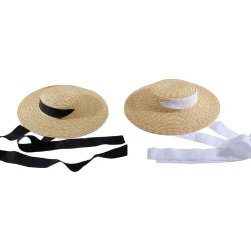 Womens Summer Large Wide Brim Flat Top Straw Sun Hat Vintage Long Ribbon Chin Strap Travel Sunscreen Floppy Beach Cap