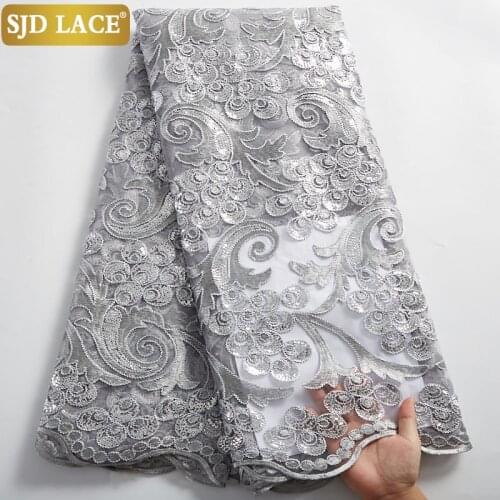 SJD LACE Latest African Mesh Lace Fabric Gray Nigerian French Lace Fabric Embroidery Sequins Tissue Tulle For Wedding Sew A2495
