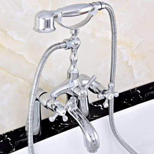 Modern Silver Chrome Brass Deck Mounted Bathroom Tub Faucet Set with 1500MM Handheld Shower Spray Head Bath Mixer Tap 2tf753