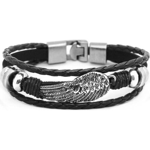 2019 Angel Wings Multilayer Bracelet Men Casual Braided Leather Bracelets Women Wood Bead Bracelet Punk Rock Jewelry Pulseira