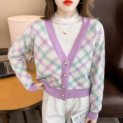 New Korean Style Single Breasted Casual Slim Sweater Coat Plaid Knitted Cardigan Women Autumn Sweet V-Neck Long Sleeve Female