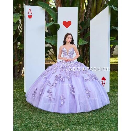 Lilac 2021 Quinceanera Dresses Floral Appliqued Beaded Crystal Princess Ball Gown Prom Party Sweet 16 Gowns Vestidos De Novia