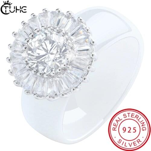 2pcs/Set S925 Sterling Silver Elegant Women Dazzling Flower Ring CZ Zircon Healthy Ceramic Rings Wedding Engagement Jewelry Gift