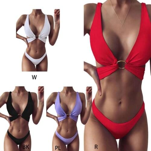 2021 New Sexy 2 Piece Bikini Set Spaghetti Strap V-Neck Push Up Padded Swimsuit Solid Color Low Waist High Cut Bathing Suit