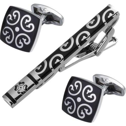 A Black Enamel Silvery Tie Clip pattern Cufflinks Gift Set men shirt Cufflinks tie clip tie wedding jewelry box Free shipping