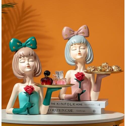 Nordic Style Resin Elegant Girl Sculpture Ornament Living Room TV Cabinet Desktop Key Storage Crafts Home Decoration Accessories