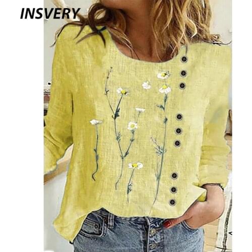 Elegant Womens T-shirts O Neck Pring Long Sleeve T Shirt Women Causual Flower Print Tee Tops Women Pullover 2021 Streetwear