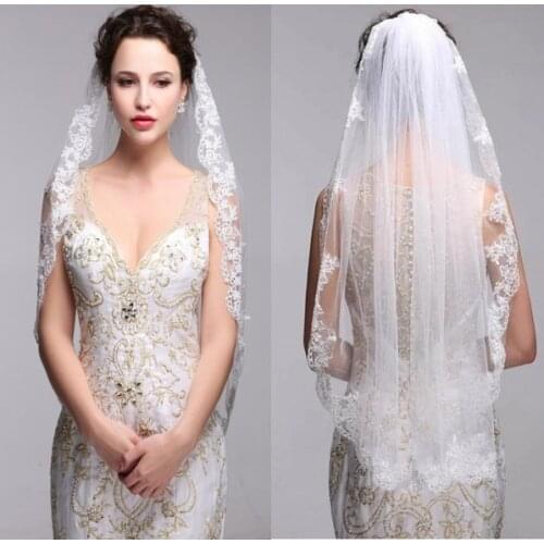 Bridal Accessories White Ivory Fingertip Length Lace Edge 1 Tier Wedding Bridal Veil with Comb