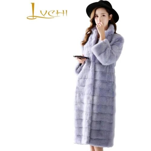 LVCHI Winter 2019 Import Real Mink Fur Coats Womens Long Sleeve Coat Full Pelt Causal Mandarin Collar Causal Slim Mink Coats