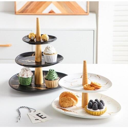 Nordic ceramic cake skewers simple marble golden texture light luxury three-layer cake stand wedding restaurant home snack tray