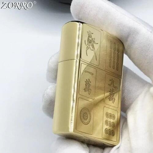 Zorro Kerosene Lighter Pure Copper Carving Mahjong Pattern Brass Gasoline Oil Lighter Men Gift Smoking Tool Toy