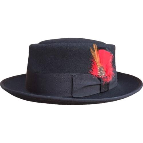 Classic Wool Felt Black Pork Pie Hat Porkpie Jazz Fedora Hat Round Top Trilby Stingy Brim feather Cap