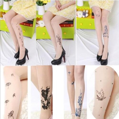 QA92 Fake tattoos print pantyhose 15D velvet tights women ultra show thin transparent stockings