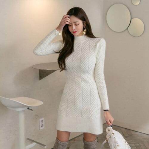Fashion Elegant Spring Vestidos Korean Style Sexy Slim Knitted dress Mini knit Pencil dress Casual Female Sweater Dresses