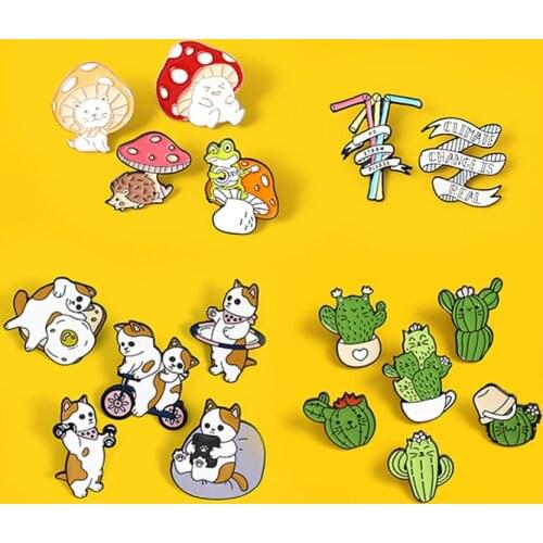 Cute animals Botany Lapel Pin Cat face cactus Brooches Mushroom Sprite hedgehog frog Happy cat family Enamel Brooch badge