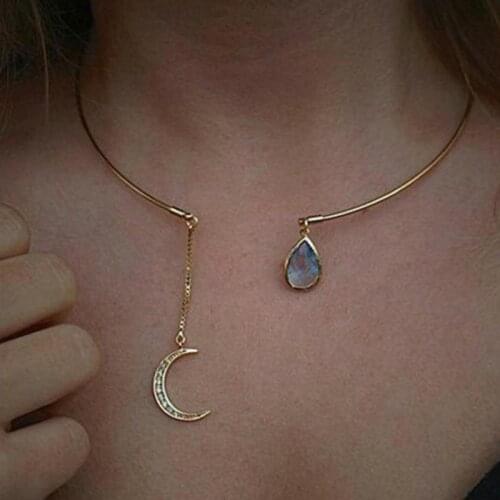 Moon Pendant Chains Necklaces For Women Bijoux Crystal Rhinestone Choker Necklace Gold Color Chains Collares Party Jewelry Gift