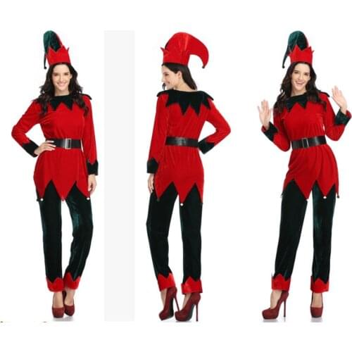 Christmas gold velvet suit, big red top, dark green pants, Christmas costume with Christmas hat, performance costume