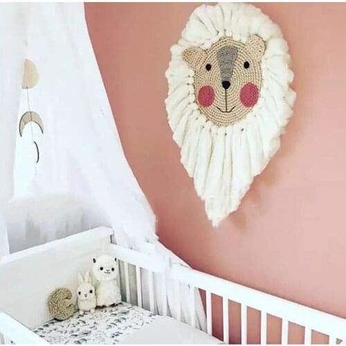 Hand Woven Nordic Cartoon Lion/Sheep Wall Hanging Decor Cotton Thread Weaving Animal Head Ornaments Kids Room Decor Photo Props