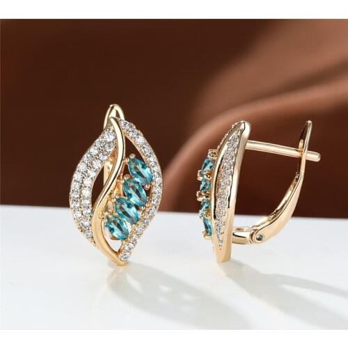 Aqua Blue Zircon Leaf Earrings Vintage Yellow Gold Wedding Earrings Multicolor Crystal Hoop Earrings For Women Geometric Jewelry