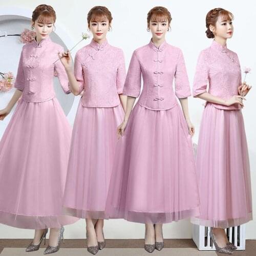 Women A-line Three Quarter Ankle-length Stand Collar Vintage Mesh Suit Summer Company Annual Meeting Bridesmaid Dresses 9848