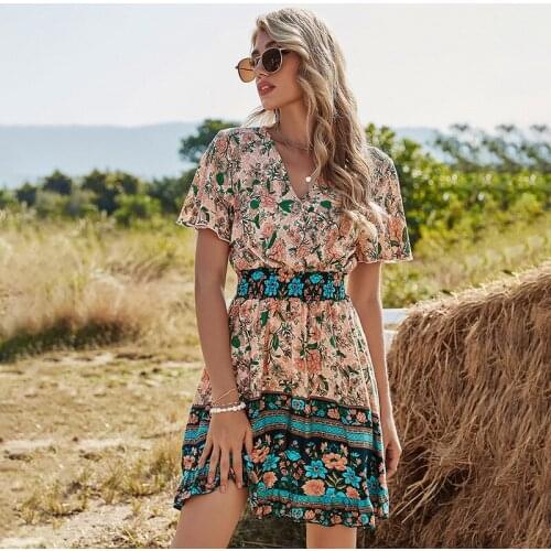 Spring Summer A-Line Dress Women Bohemian Short Sleeve Casual Sundress 2021 Female V-Neck Boho Short Dress vestidos mujer