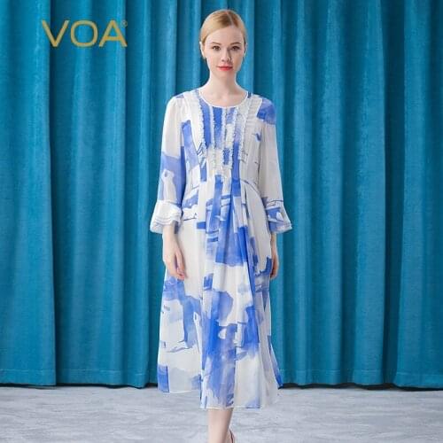 VOA 100% Silk Blue Fair Maiden Round Collar Decoration Splicing Literary Commuting Petal Sleeve Partydresses for Women AE573