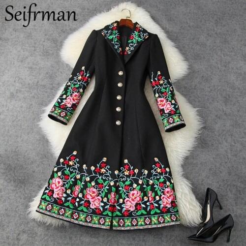 Seifrmann 2021 New Women Spring Fashion Runway Party A-Line Dress Embroidery Single Breasted Long Sleeve Slim Ladies Dresses