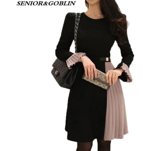 Spring New Arrival Flare Sleeve Pleated Dress 2019 Elegant Women Knee-Length O-neck Patchwork Party Dress Midi Vestidos