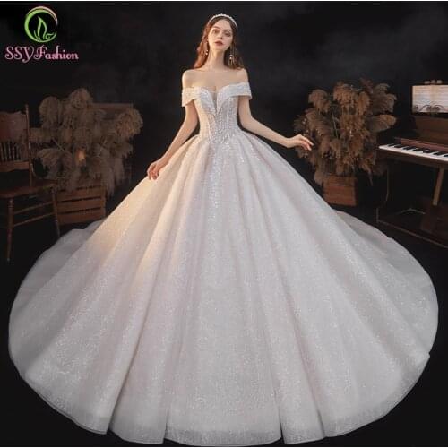SSYFashion New Luxury Wedding Dress Bride Married Boat Neck Court Train Long Shining A-line Wedding Gowns Vestido De Novia
