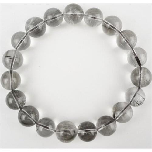 11mm Women Charm Bracelet Fashion Jewelry Genuine Natural Gray Hair Needle Rutilated Quartz Crystal Round Bead Bracelet