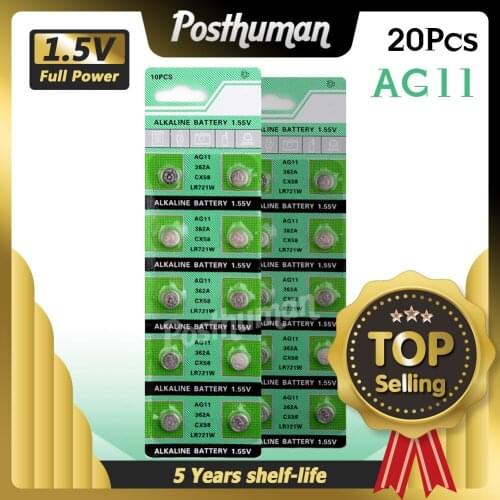20pcs AG11 1.55V Button Coin Cell alkaline battery 19 162 361 362 423 532 601 280-29 362-1W AG11 D361 D362 G11 GP62 LR721