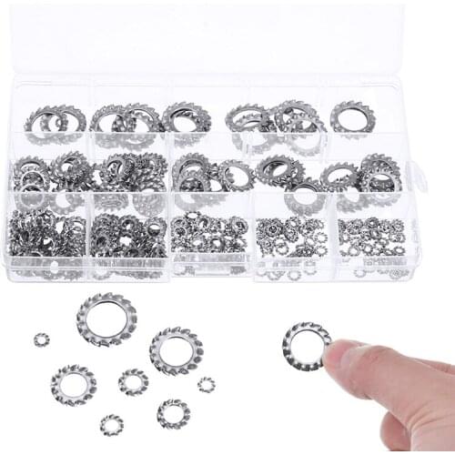 300Pcs Assortment 304 Stainless Steel External Tooth Star Lock Washers Set Anti-Loose Gasket Clamping Washer
